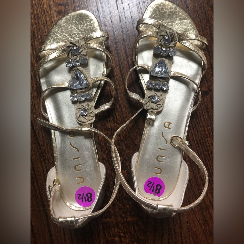 Unisa Metallic Gold Jeweled T-Strap Sandals
